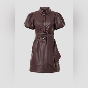 Chic Brown Leather Mini Dress with Puff Sleeves